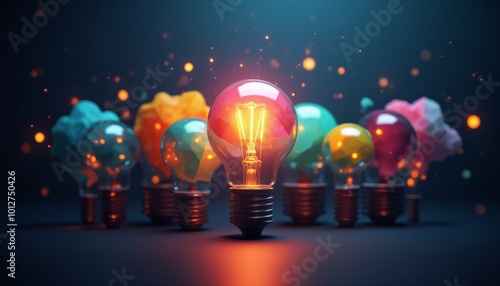 A group of colorful light bulbs with one of them lit up