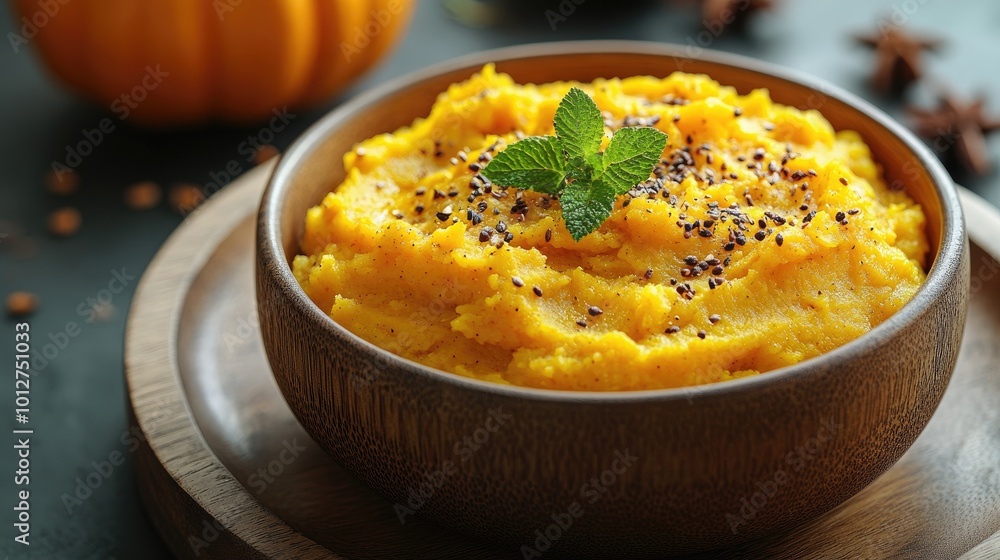 Steaming bowl of pumpkin puree garnished with thyme on rustic wooden table Steaming bowl of pumpkin puree garnished with thyme on rustic wooden table