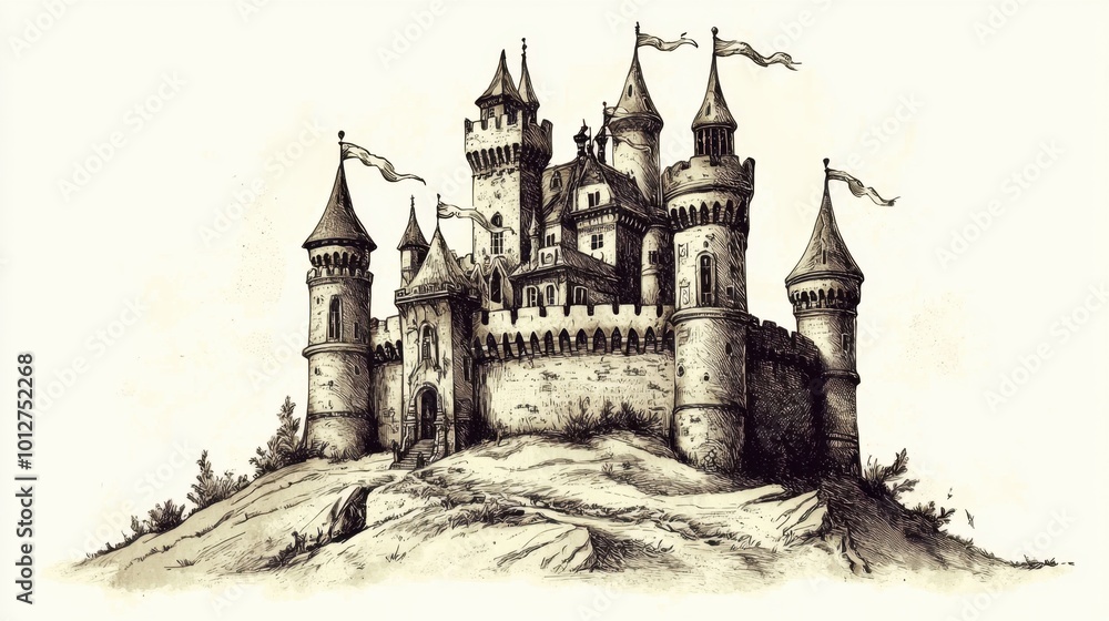 Obraz premium Intricate illustration of a medieval castle on a rocky hill