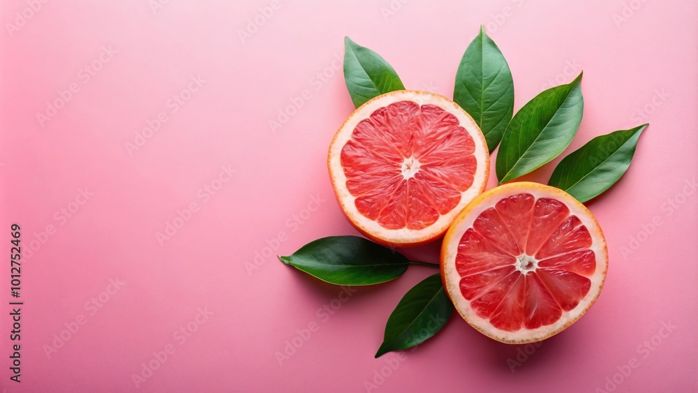 Fresh grapefruit halves with green leaves on pink background, close-up Fresh grapefruit halves with green leaves on pink background, close-up