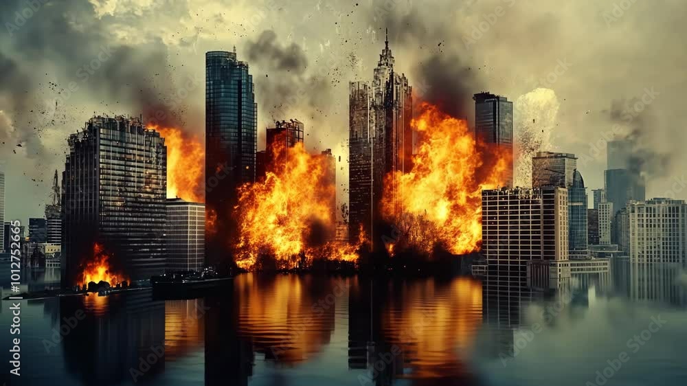 A city engulfed in flames, with towering skyscrapers burning against a stormy sky A city engulfed in flames, with towering skyscrapers burning against a stormy sky