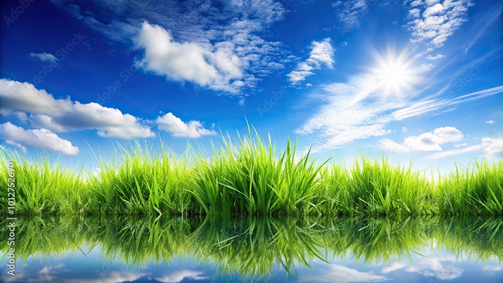 Fresh grass and blue sky reflection on water surface Fresh grass and blue sky reflection on water surface