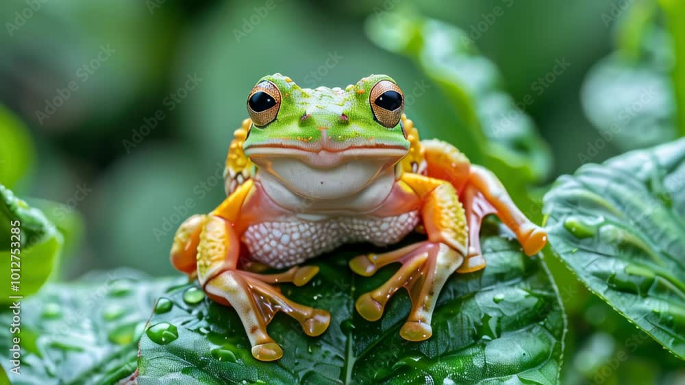 Colorful tree frog perched on a leaf after a rain in a lush tropical forest environment Colorful tree frog perched on a leaf after a rain in a lush tropical forest environment