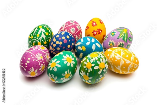 Easter eggs isolated on a white background. Handmade colorful Easter eggs. Easter celebration concept.