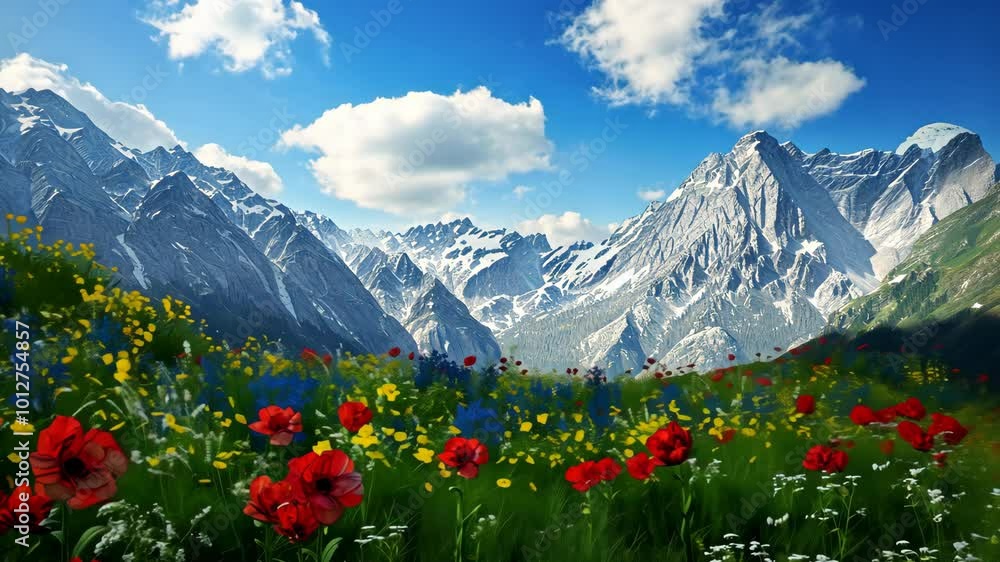 A field of colorful wildflowers blooms in front of snow-capped mountains on a sunny day A field of colorful wildflowers blooms in front of snow-capped mountains on a sunny day