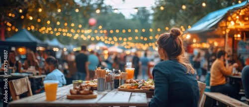 A vibrant outdoor dining scene, featuring a woman enjoying food at a lively market with string lights and festive atmosphere.