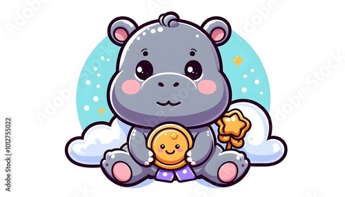 Cute Cartoon Hippo Holding a Gold Medal and a Star