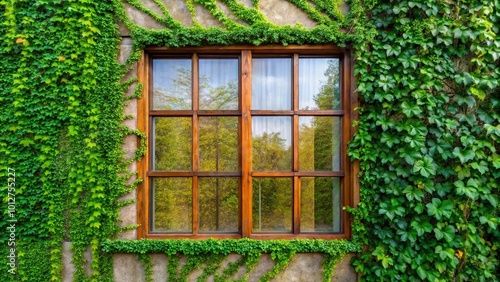 Fresh green leaf covered cement wall reflected on wooden glass windows