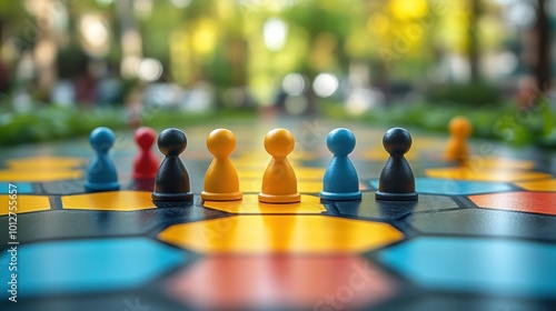 Colorful game pieces on a vibrant board in an outdoor setting.