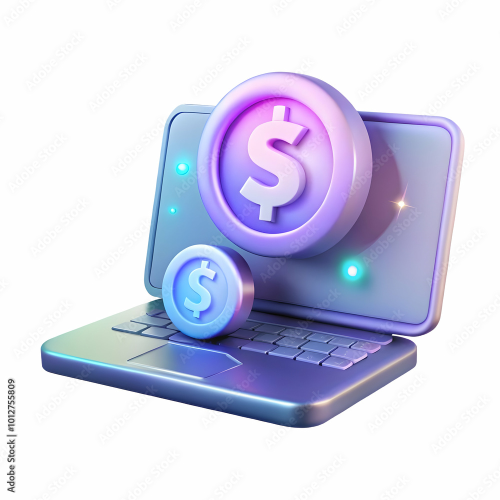 Holographic Dollar Sign Floating Above a Glossy Laptop: Symbolizing Digital Finance and Online Transactions with Copy Space in a Futuristic Background Holographic Dollar Sign Floating Above a Glossy Laptop: Symbolizing Digital Finance and Online Transactions with Copy Space in a Futuristic Background