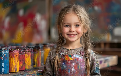a child smiling in front of a group of bottles

