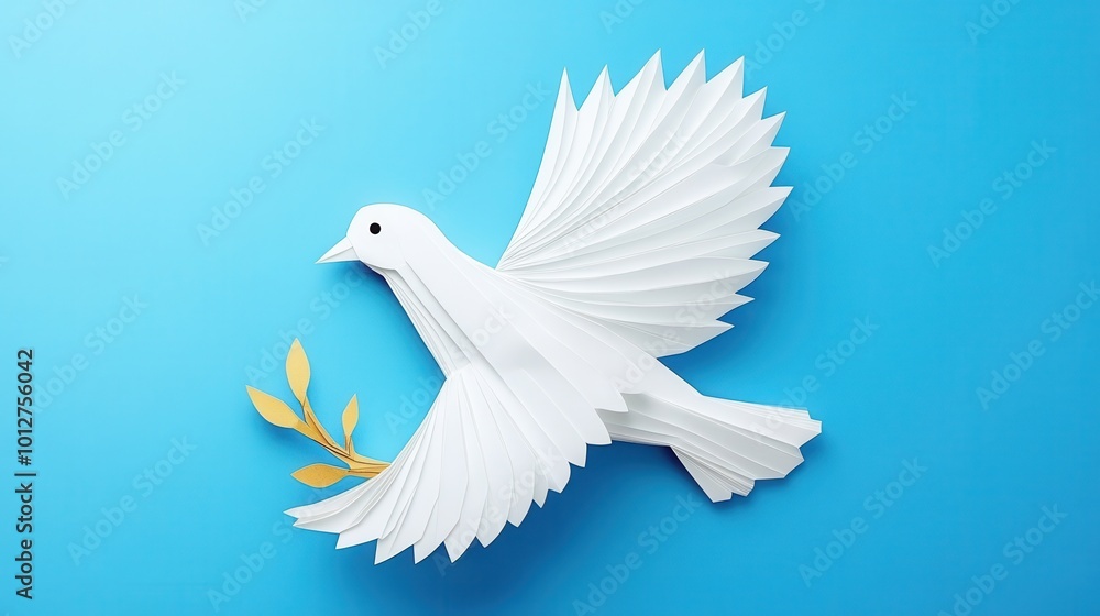 Fototapeta premium A paper dove with wings spread wide, holding an olive branch, against a bright blue background.