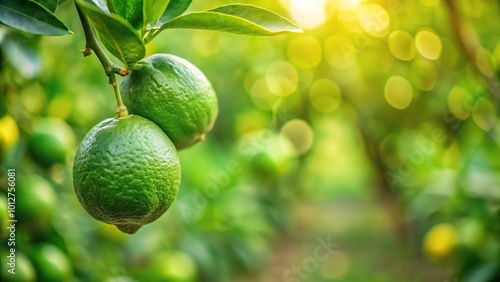 Fresh green lime hanging on tree in farm with selective focus technique panoramic