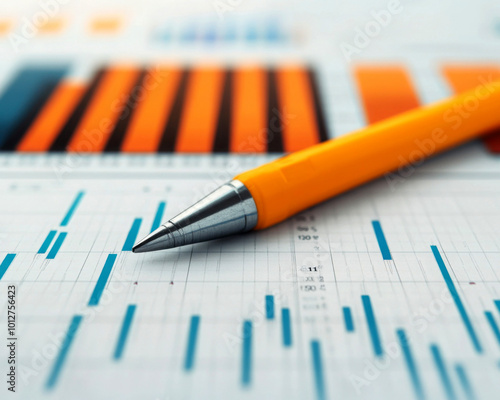 Close-up of a pen on a financial graph and chart analysis background.