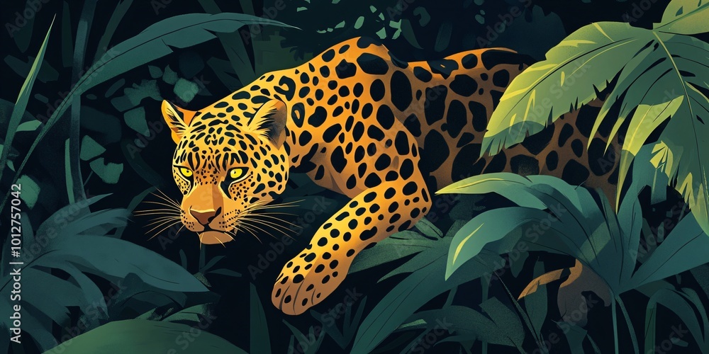 A close-up of a jaguar's face peering out of dense foliage, with its yellow eyes and spotted fur. A close-up of a jaguar's face peering out of dense foliage, with its yellow eyes and spotted fur.