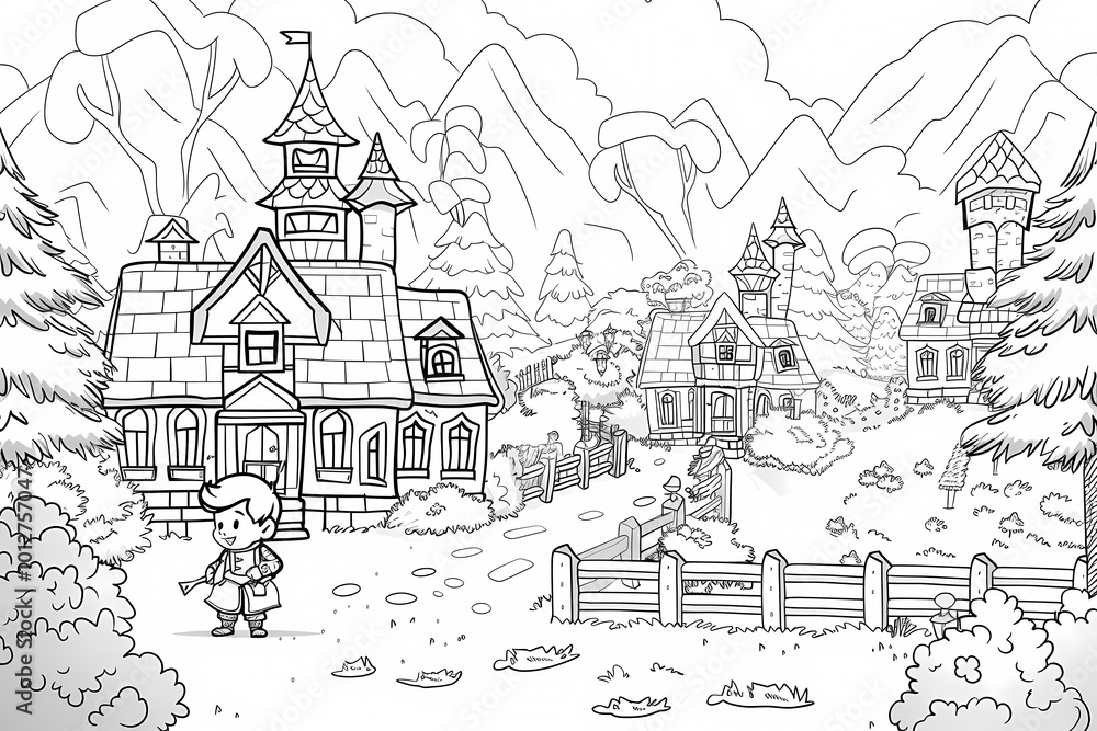 A whimsical black-and-white illustration of a charming village with detailed houses and a playful child exploring the scenic surroundings. A whimsical black-and-white illustration of a charming village with detailed houses and a playful child exploring the scenic surroundings.