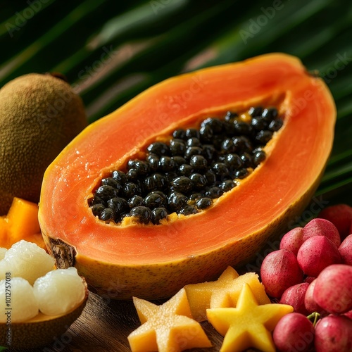 Exotic tropical fruits with papaya, starfruit, and rambutan arranged on palm leaves photo