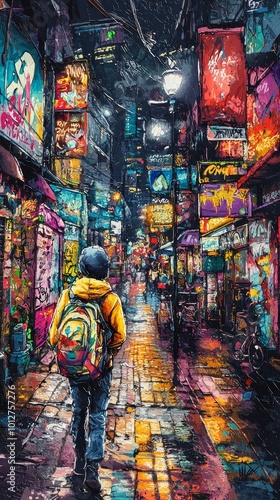 Person walking through colorful neon-lit alleyway filled with vibrant street art at night