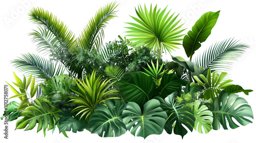 Tropical plant pile on transparent. Stock style. Lush foliage, rainforest exotica. High res, PNG.