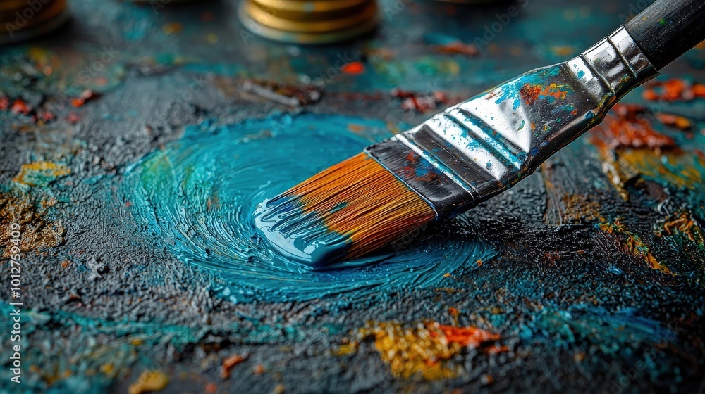A close-up view of a paintbrush mixing vibrant blue paint on a textured canvas in a colorful artist's studio A close-up view of a paintbrush mixing vibrant blue paint on a textured canvas in a colorful artist's studio