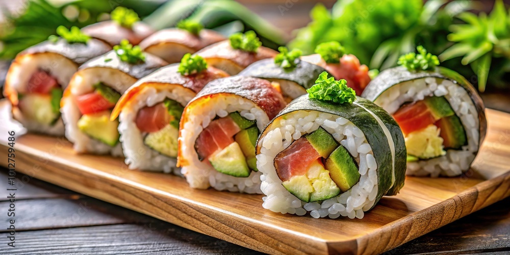 Fresh hosomaki sushi roll with salmon, tuna, avocado, and cucumber on plate Fresh hosomaki sushi roll with salmon, tuna, avocado, and cucumber on plate