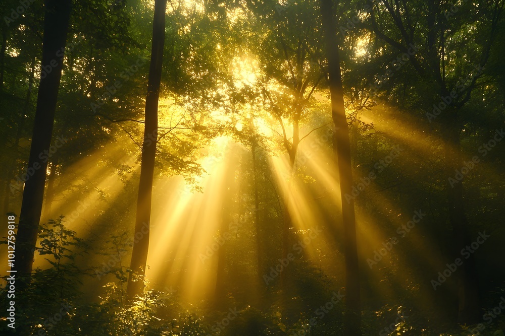 Obraz premium Sunlight beams filtering through a dense forest.