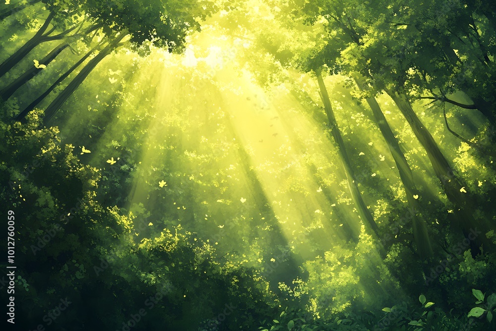 Obraz premium Lush forest illuminated by sunlight, creating a serene atmosphere.