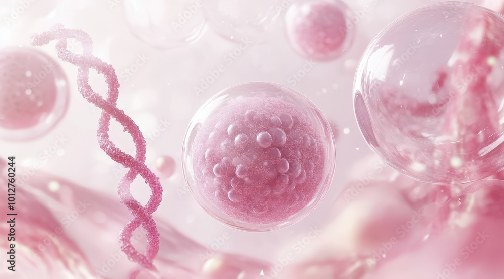 Pink spheres with DNA structures floating on top of skin cells against a white background. The camera zooms in to showcase the small size and intricate details Pink spheres with DNA structures floating on top of skin cells against a white background. The camera zooms in to showcase the small size and intricate details