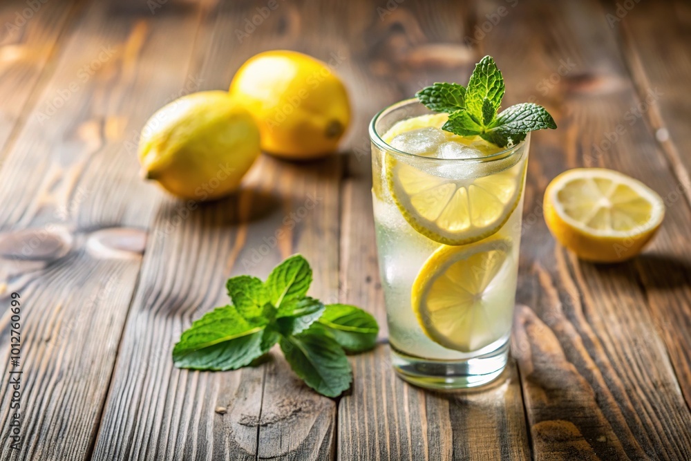 Fototapeta premium Fresh lemonade in glass with mint and ice on wooden table from low angle view