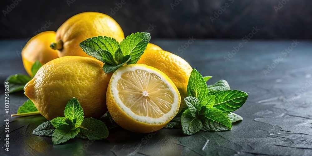 Fresh lemons with mint leaves on dark background Fresh lemons with mint leaves on dark background
