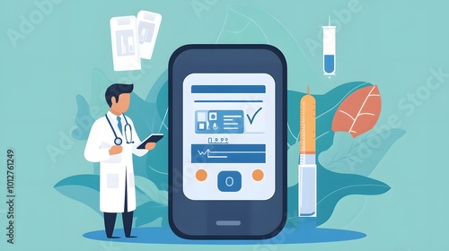 A flat vector modern illustration depicts a digital glucometer testing blood glucose levels, featuring a doctor using a meter strip and insulin drop for diabetes care photo