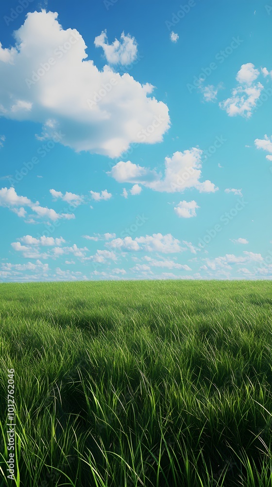 Fototapeta premium Lush green grass under a bright blue sky with fluffy clouds.