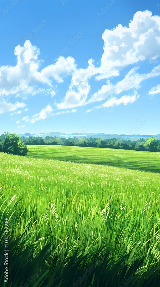 Fototapeta premium Lush green landscape under a bright blue sky with clouds.