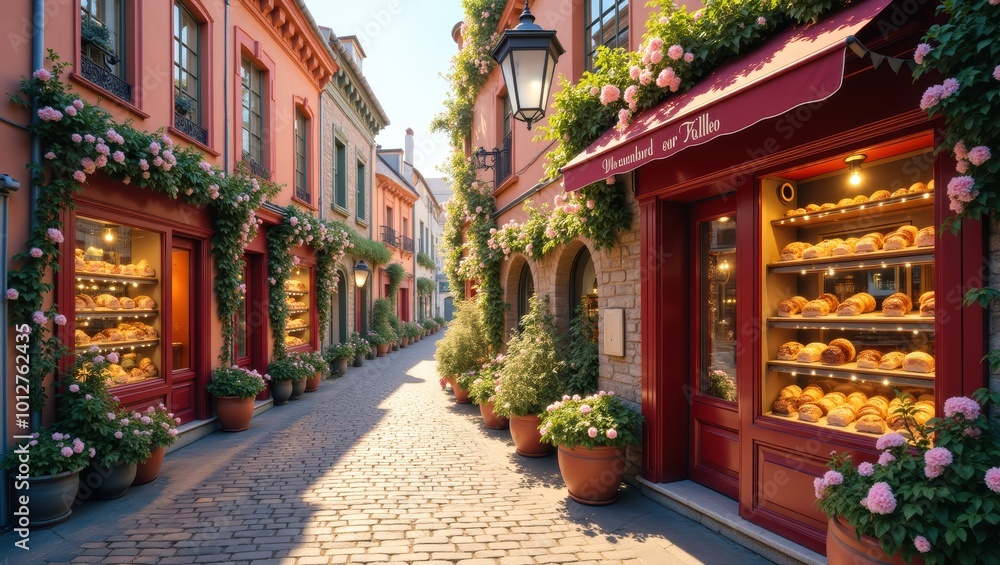 Charming European Street with Bakery and Flowers Charming European Street with Bakery and Flowers