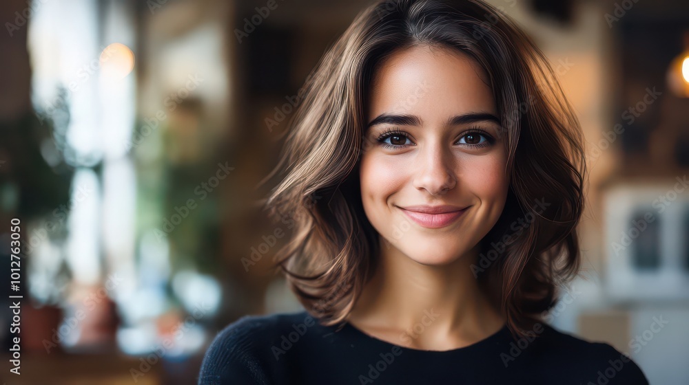 Fototapeta premium Smiling Woman in Cozy Cafe Setting