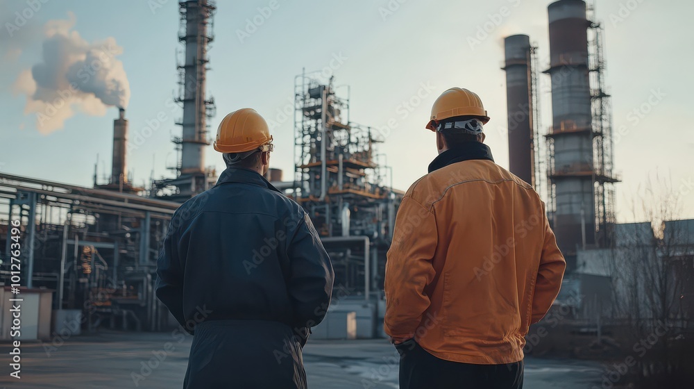 Workers at Industrial Site During Sunset Workers at Industrial Site During Sunset
