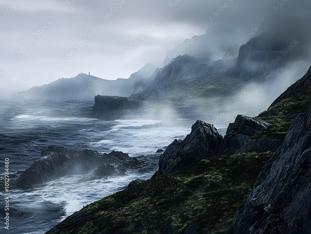 A misty coastal landscape with rocky cliffs and turbulent waves. A misty coastal landscape with rocky cliffs and turbulent waves.