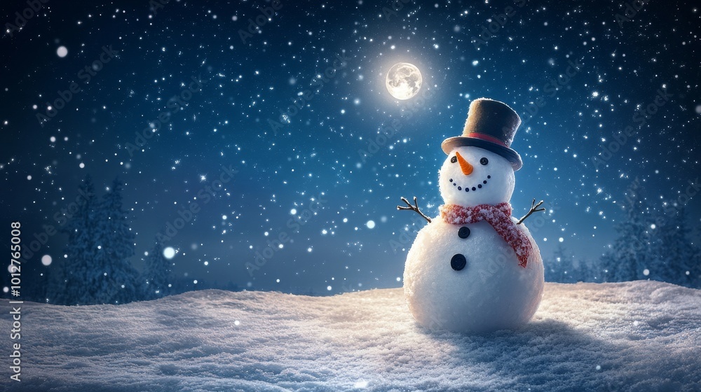 Obraz premium Charming Snowman under Starry Night Sky with Snowfall and Bright Moon