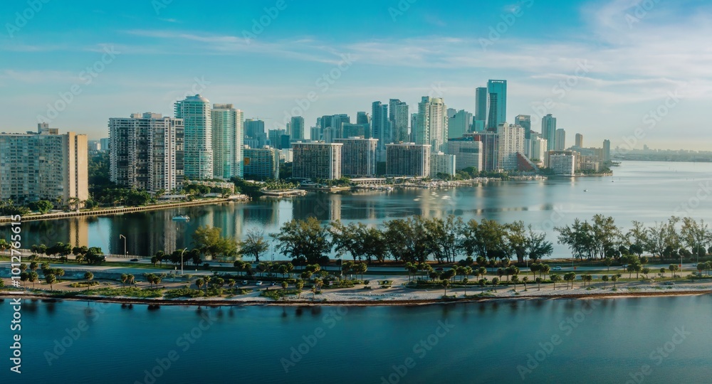 Obraz premium Rickenbacker Causeway and buildings along the waterfront of downtown Miami, Florida, United States.