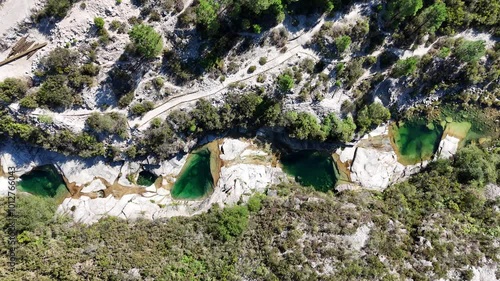 Top-down drone footage of small lakes at Sete Lagoas in Gerês mountains in north Portugal. photo