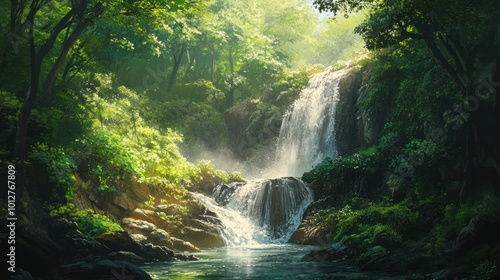 Waterfall in a Lush Green Forest