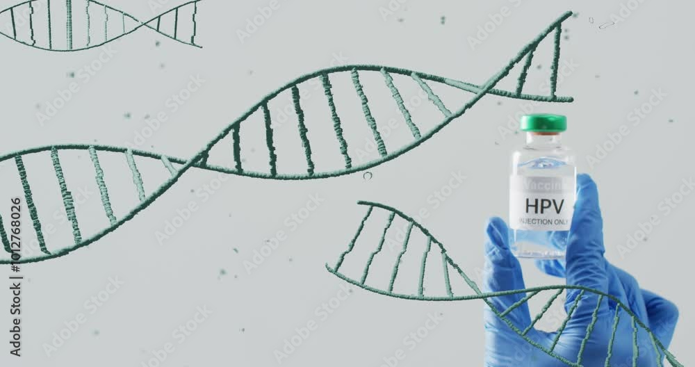 Animation of dna strands moving over hand of doctor holding hpv vaccine on grey background Animation of dna strands moving over hand of doctor holding hpv vaccine on grey background