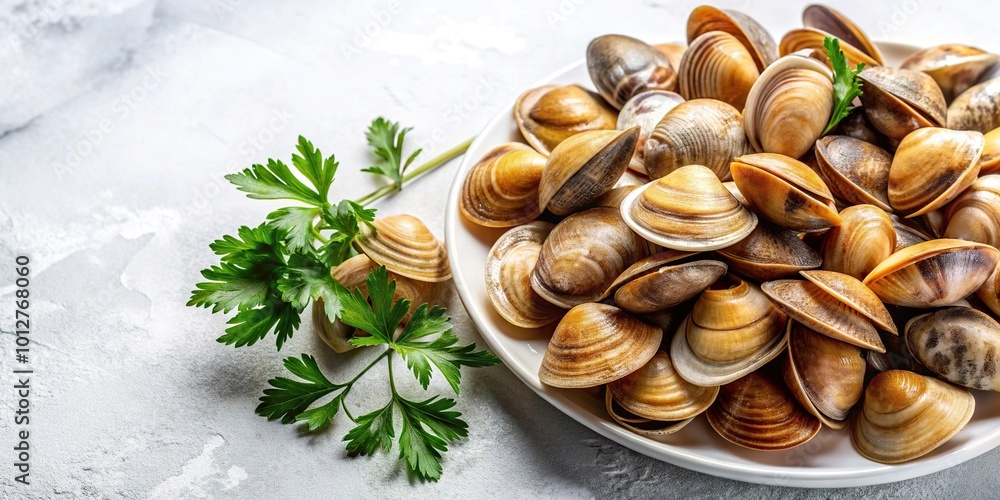 Fresh raw clams in a decorative still life on white surface Fresh raw clams in a decorative still life on white surface