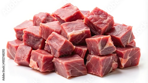 Fresh raw lamb meat cubes isolated on white background