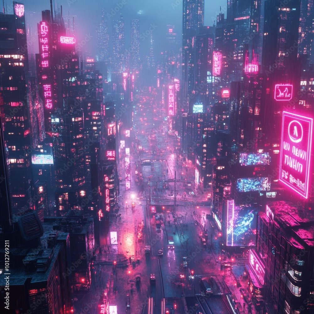 Cyberpunk Cityscape with Neon Lights and Rain Cyberpunk Cityscape with Neon Lights and Rain
