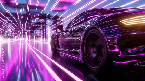 Futuristic Car in Neon Cityscape with Motion Blurs