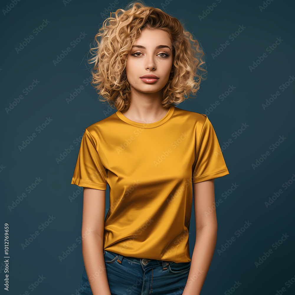 A young Caucasian woman with curly hair poses confidently in a vibrant yellow shirt against a teal background, showcasing a fresh and modern aesthetic. A young Caucasian woman with curly hair poses confidently in a vibrant yellow shirt against a teal background, showcasing a fresh and modern aesthetic.