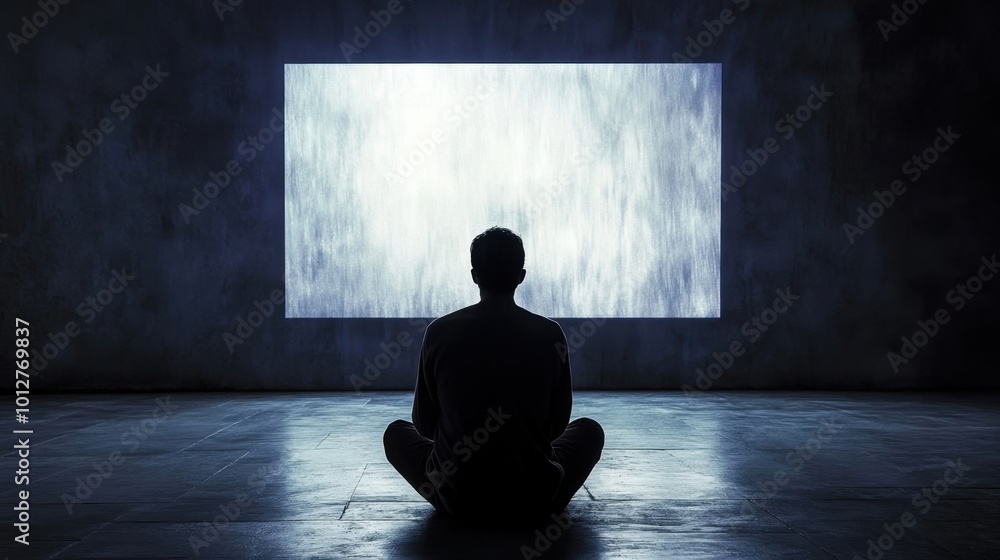 Individual in Dark Room with Captivating Light Display Individual in Dark Room with Captivating Light Display