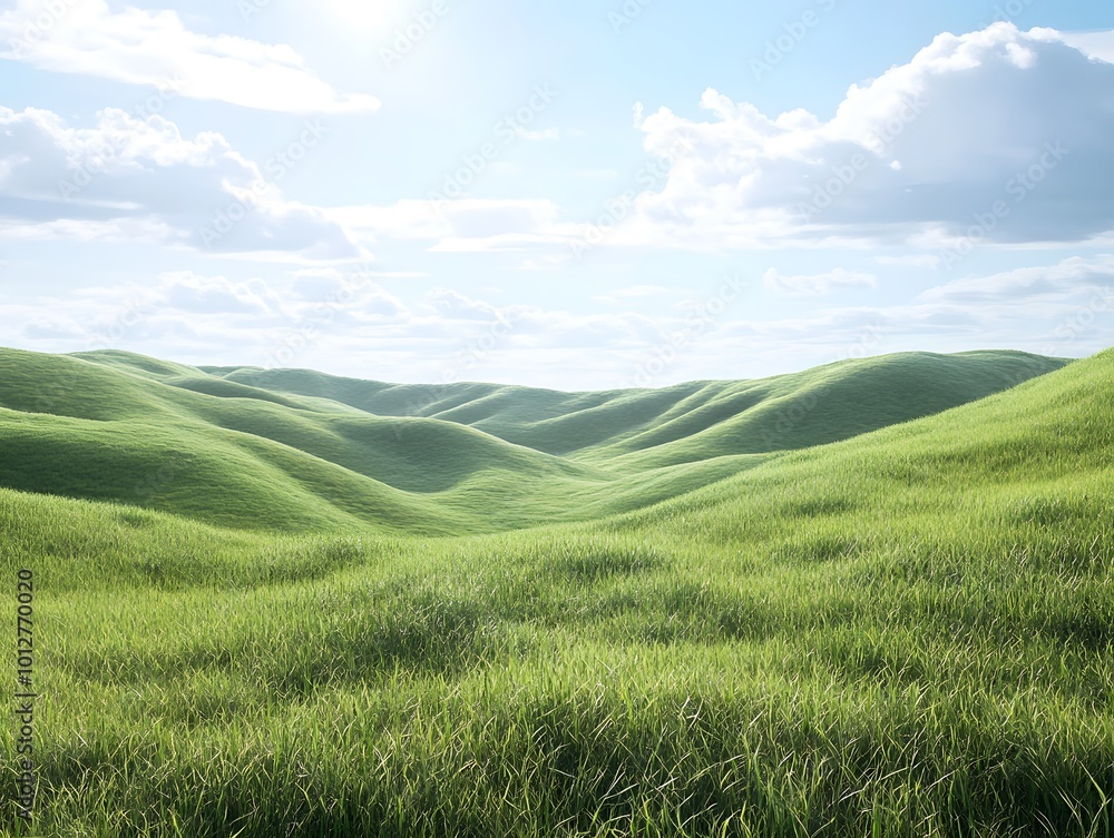 Fototapeta premium Lush green hills under a bright sky with fluffy clouds.