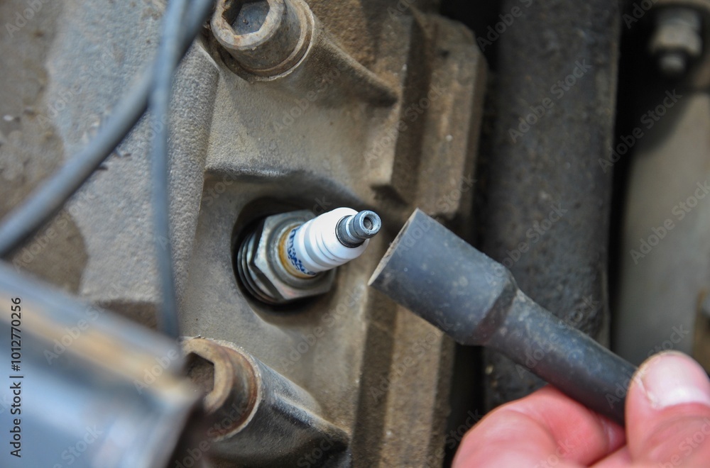 car spark plug in engine close up car spark plug in engine close up